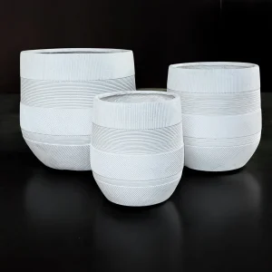 White Fiber Cement Round Planter Set with geometric horizontal and diagonal patterns, three planters of varying sizes, ideal for indoor or outdoor use.
